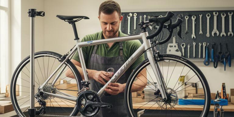 Fahrradmechaniker prüft ein Rennrad in einer aufgeräumten Werkstatt mit Werkzeugwand