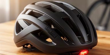 Schwarzer Abus Hyban Fahrradhelm mit integrierter LED auf einem Holztisch
