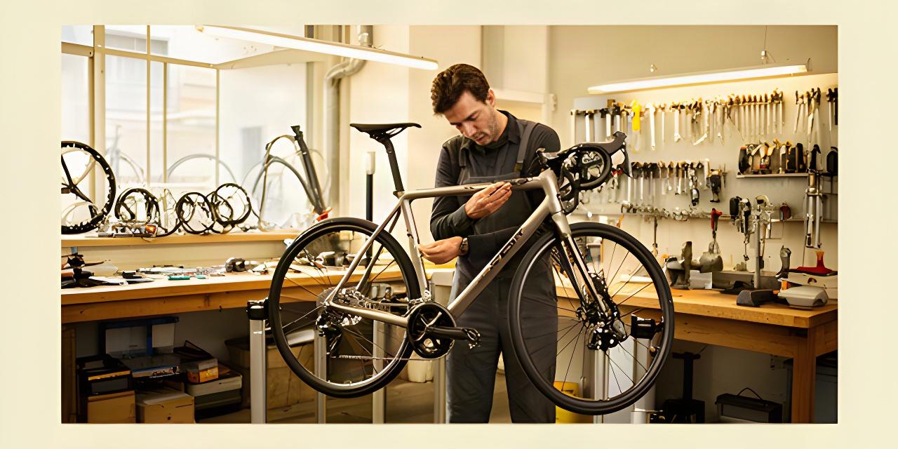 Fahrradmechaniker prüft ein Rennrad in der hellen Werkstatt von Dubois Cyclisme