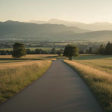 Ruhiger Veloweg durch die Landschaft bei Landecy im Kanton Genf bei spätem Nachmittagslicht