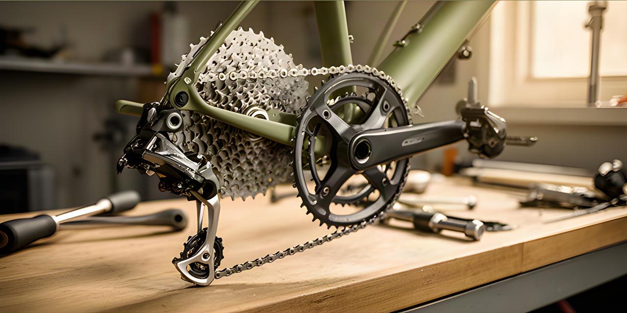 Nahaufnahme eines gepflegten Fahrrad-Antriebs in der Werkstatt von Dubois Cyclisme