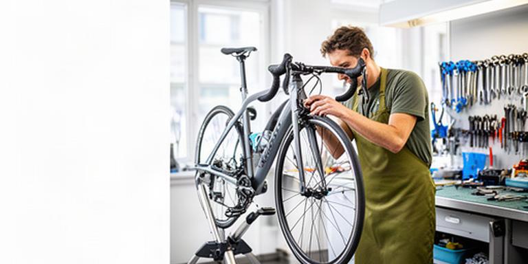 Fahrradmechaniker prüft ein Rennrad auf einem Montageständer in einer hellen Werkstatt