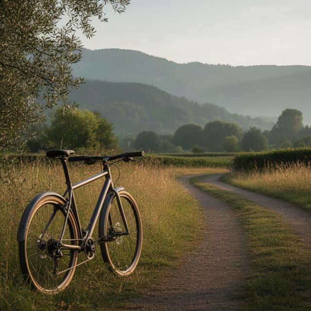 Fahrrad vor einem ruhigen Weg in der Landschaft rund um Landecy bei Genf
