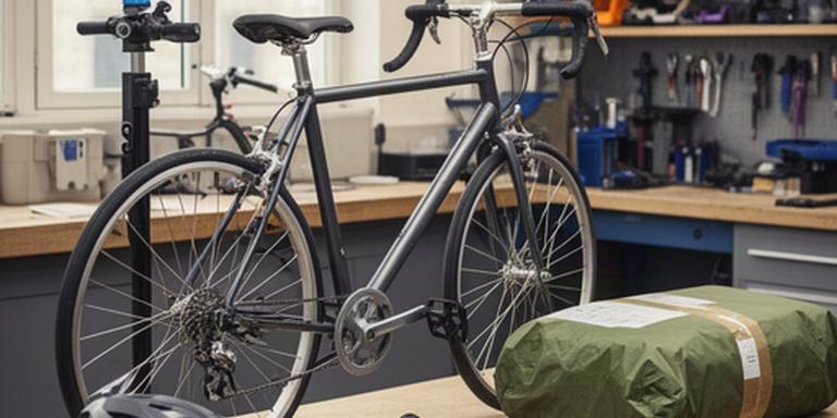 Fahrrad mit Zubehör zur Abholung in einer aufgeräumten Werkstatt in Genf